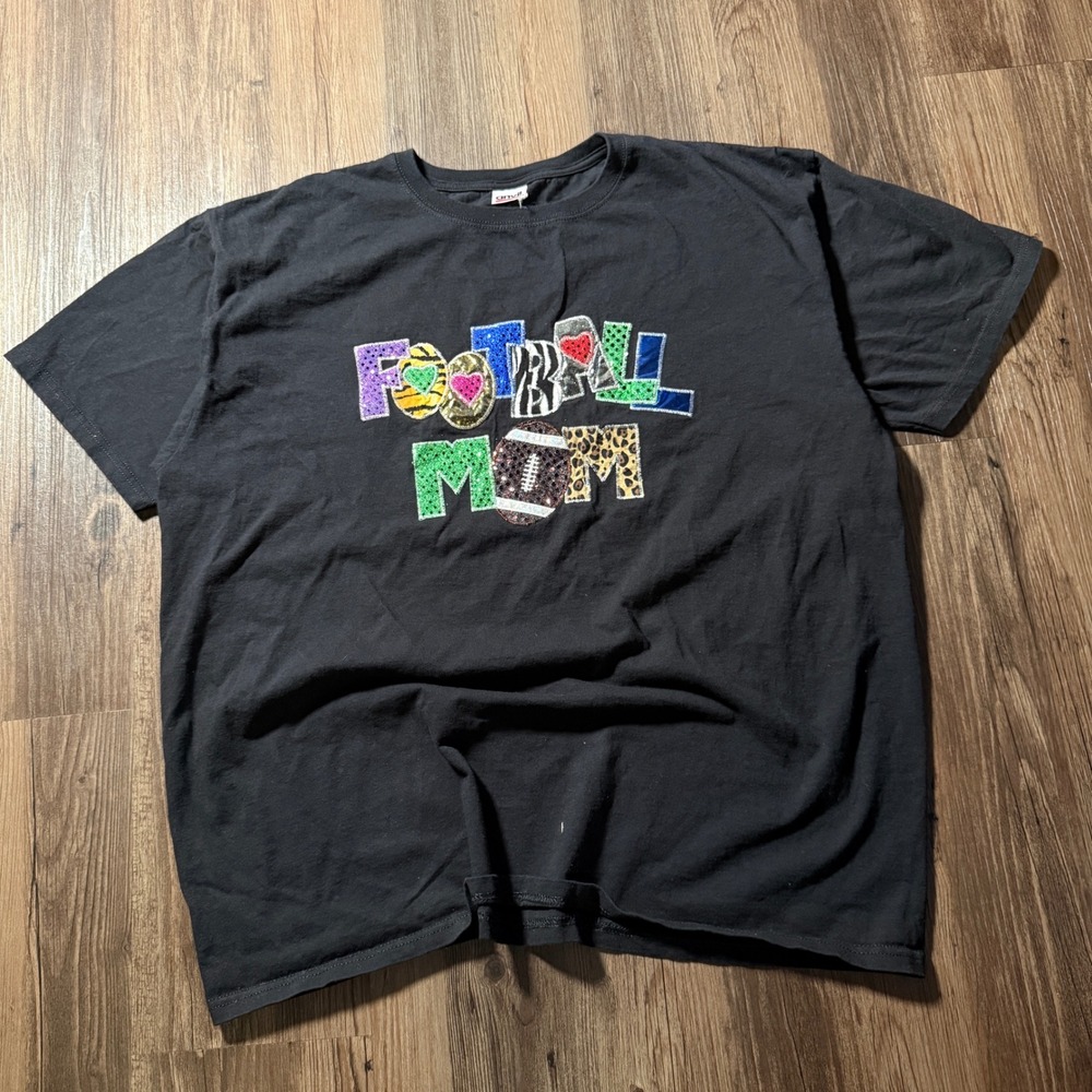 Anvil‎ Mens Black Football Mom Graphic T-Shirt Sequin Animal Print XL